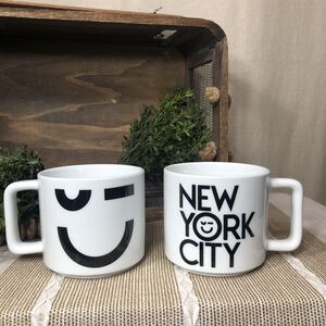 NORDSTROM COFFEE NEW YORK CITY MUGS  BLACK & WHITE 16 OZ  Set Of 2  Smiley Face